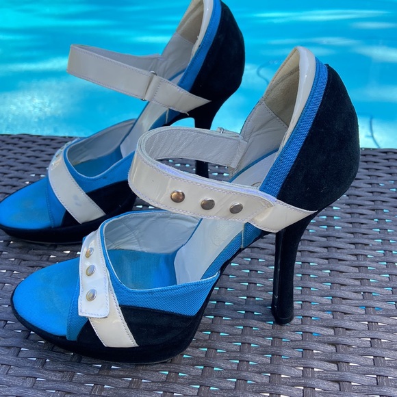Charles David collection black suede white patent blue fabric size 9 heels - Picture 2 of 16
